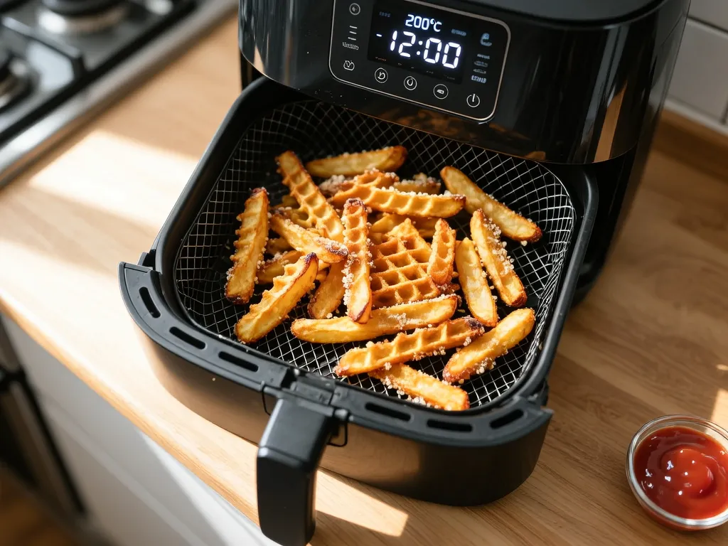 Batata Waffle Congelada 在空气炸锅中烹饪完成 — 查看精确时间和温度设置