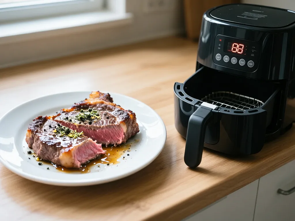 Bistec 在空气炸锅中烹饪完成 — 查看精确时间和温度设置