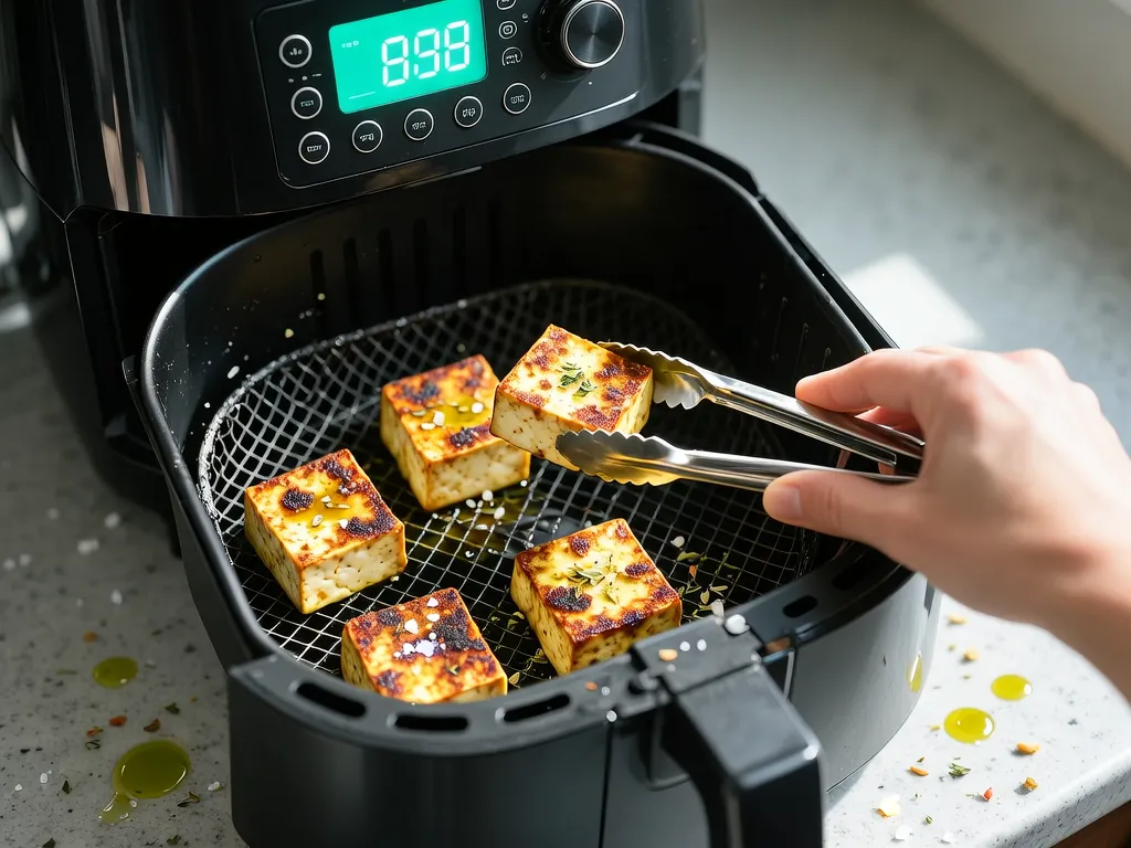 Tofu 在空气炸锅中烹饪完成 — 查看精确时间和温度设置